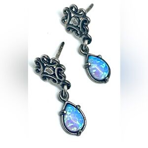 Vintage Blue Fire Lab Opal Drop .925 Sterling Silver Filigree Post Earrings .9”